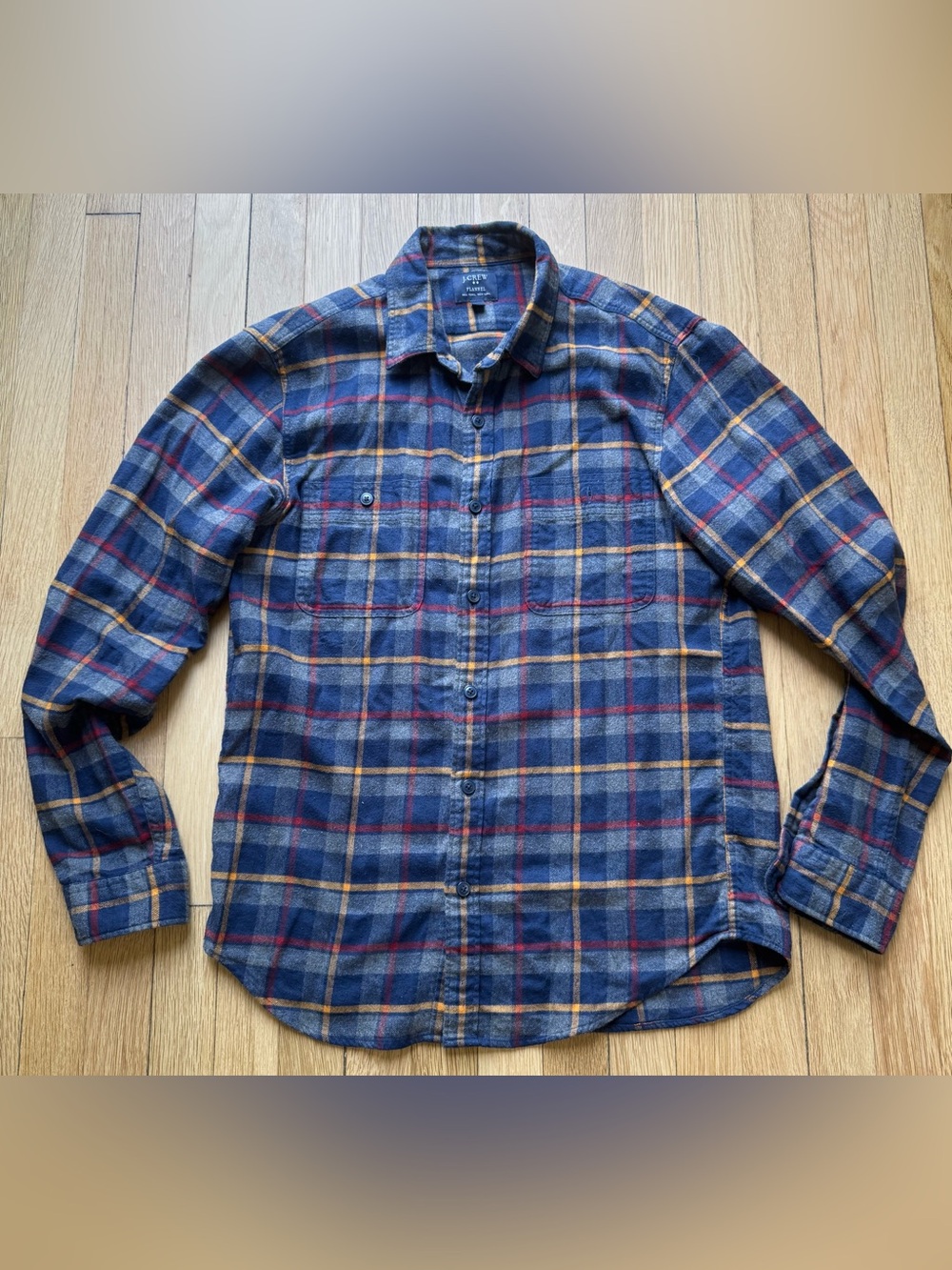 J. Crew Navy Plaid Button-Down Shirt with Red and Tan Stripes